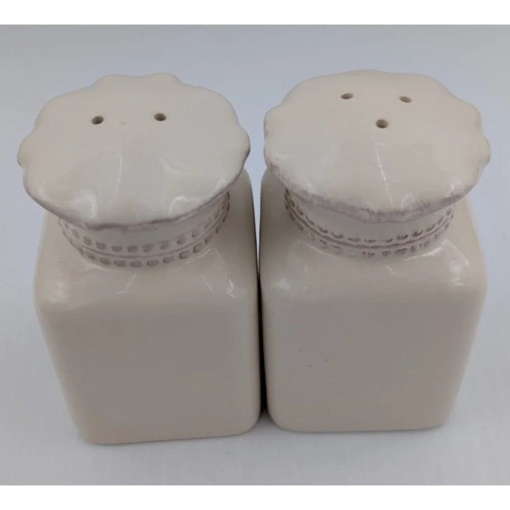 Chris Madden Foret Salt Pepper Shaker Set Metal Stand Embossed Stoneware JCPenny